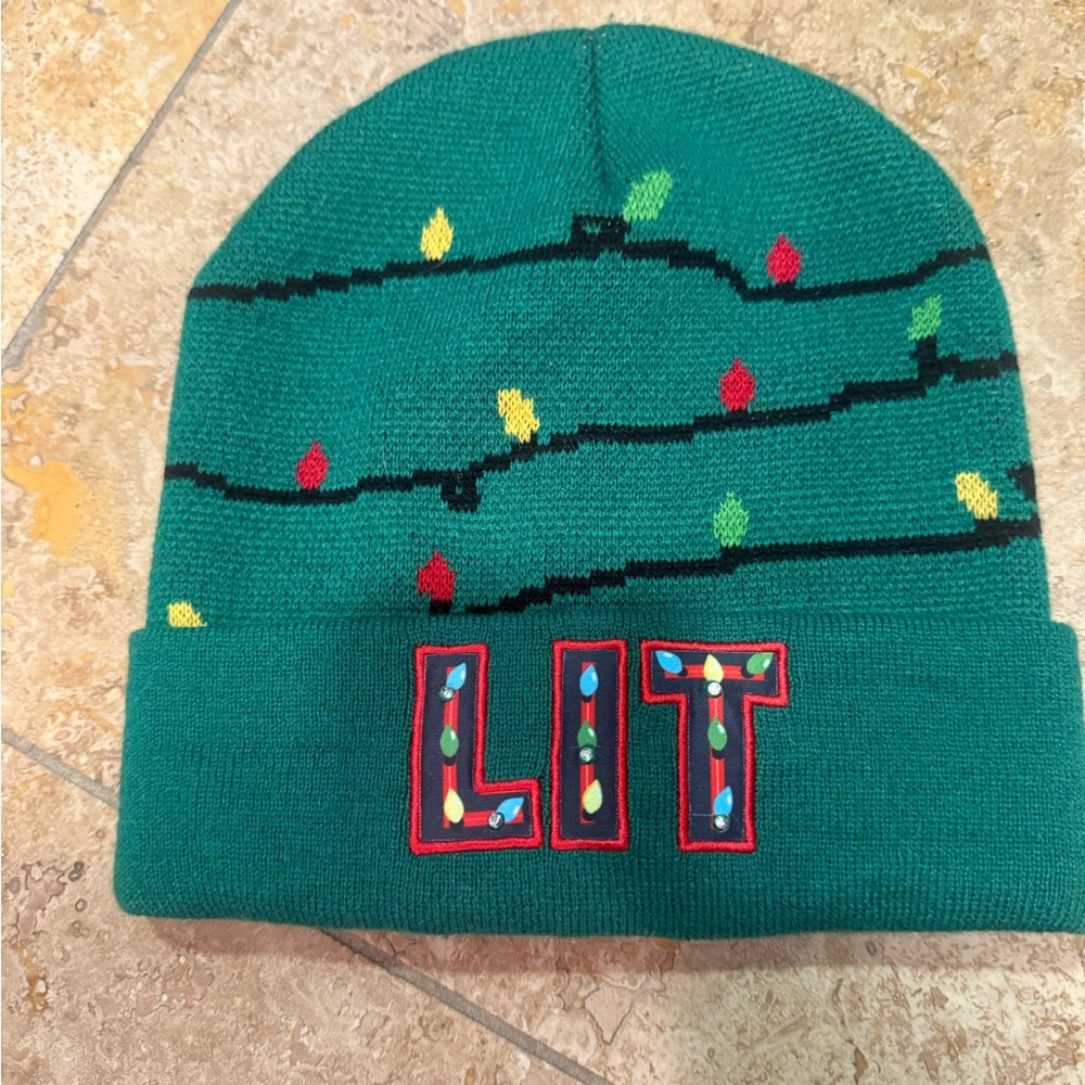 Green Holiday Beanie with Festive Lights
